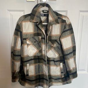 Zara, Medium, wool jacket, colors are green, black, and tan has gold buttons
